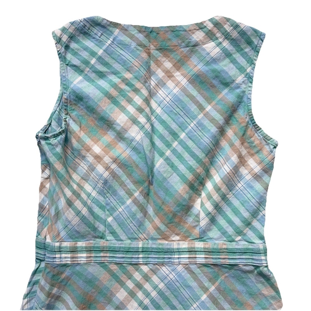 LL Bean Sleeveless A Line Dress Size 6 Madras Plaid Linen Cotton Blue Green Wrap - Picture 5 of 12